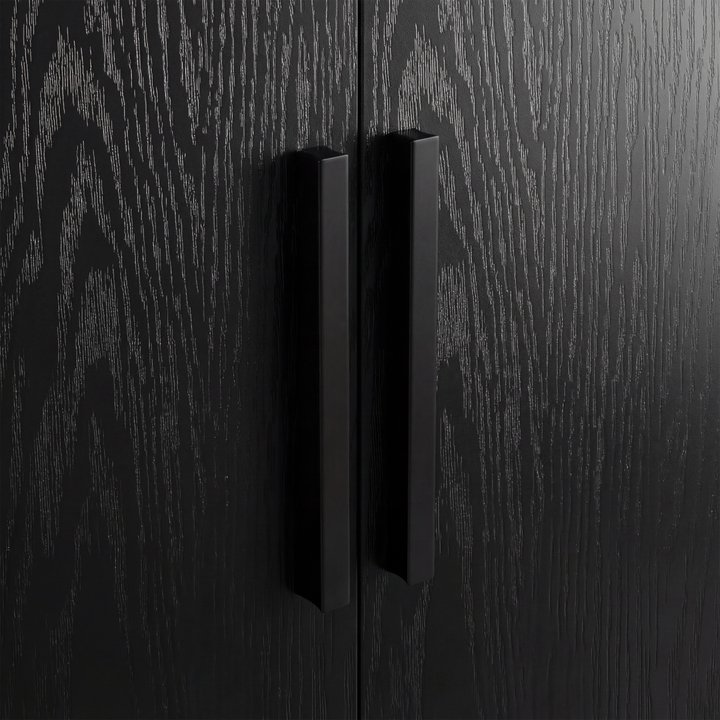 [Black] Close view of natural wood vertical handles mounted on black finish double wardrobe with hanging rail