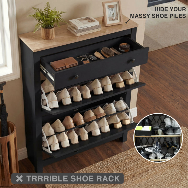 [Black] All compartments open showing top drawer with everyday accessories and both flip-down doors filled with shoes