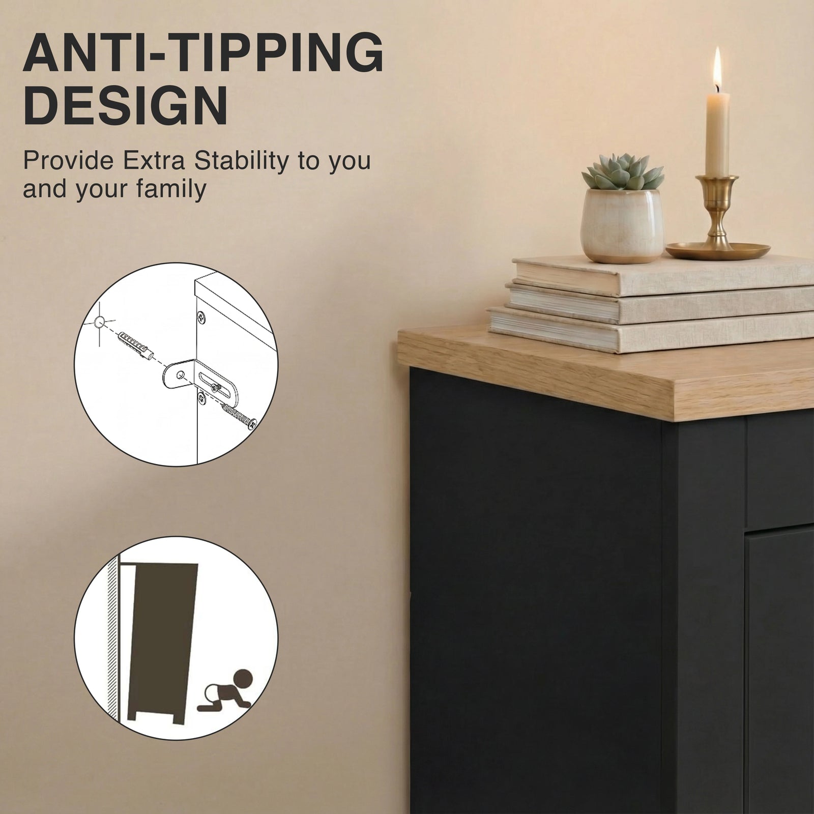 [Black] Anti-tipping wall anchor design with bracket and strap detail for family safety