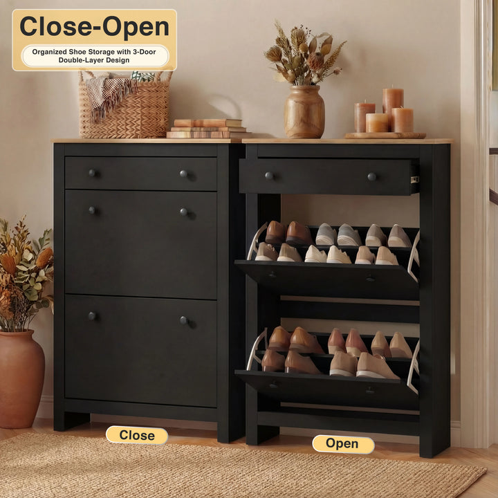 [Black] Before and after style comparison showing shoe cabinet doors closed vs open with organised shoe storage