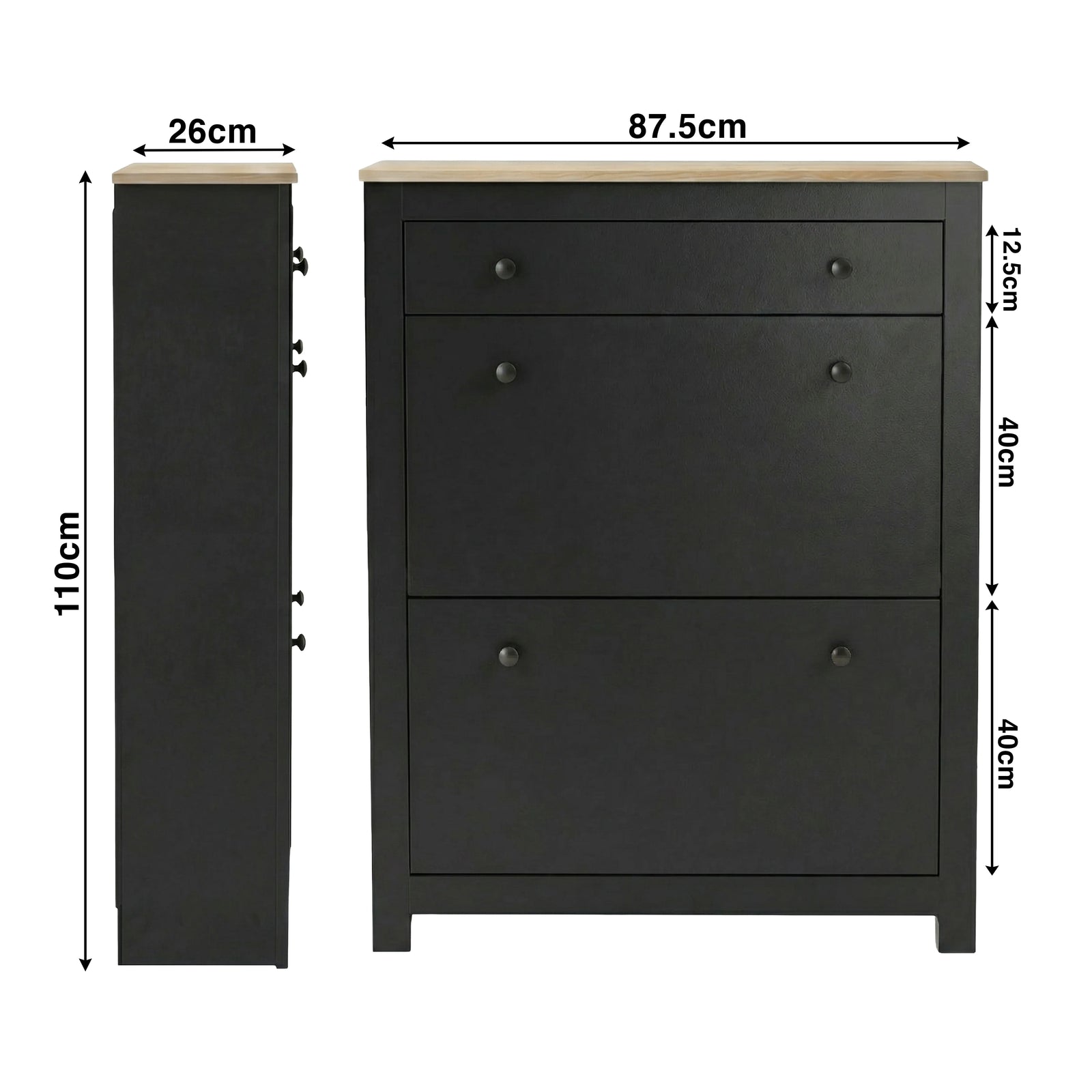 [Black] Measurement diagram of slim shoe cabinet 26cm depth 87.5cm width 110cm total height