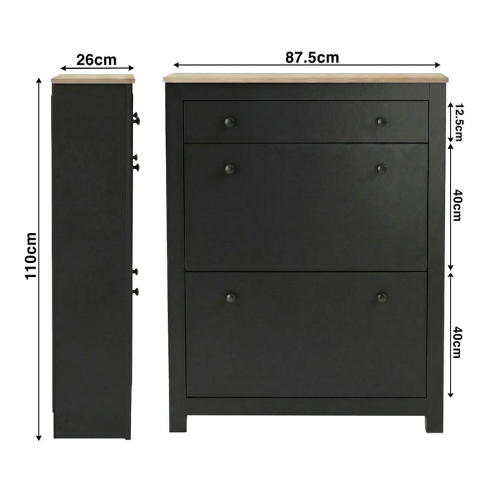 [Black] Measurement diagram of slim shoe cabinet 26cm depth 87.5cm width 110cm total height