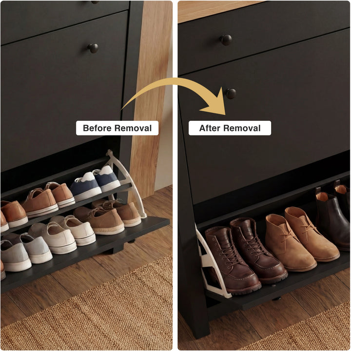 [Black] Before and after shelf removal showing flat shoes on rack vs tall boots stored without shelf