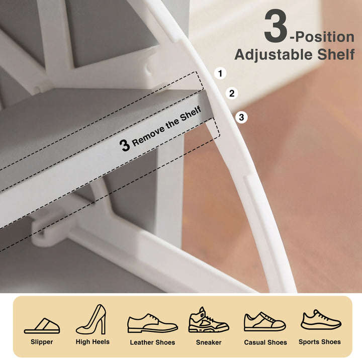 [Grey] 3-position adjustable shelf inside flip-down door with option to remove for taller shoes