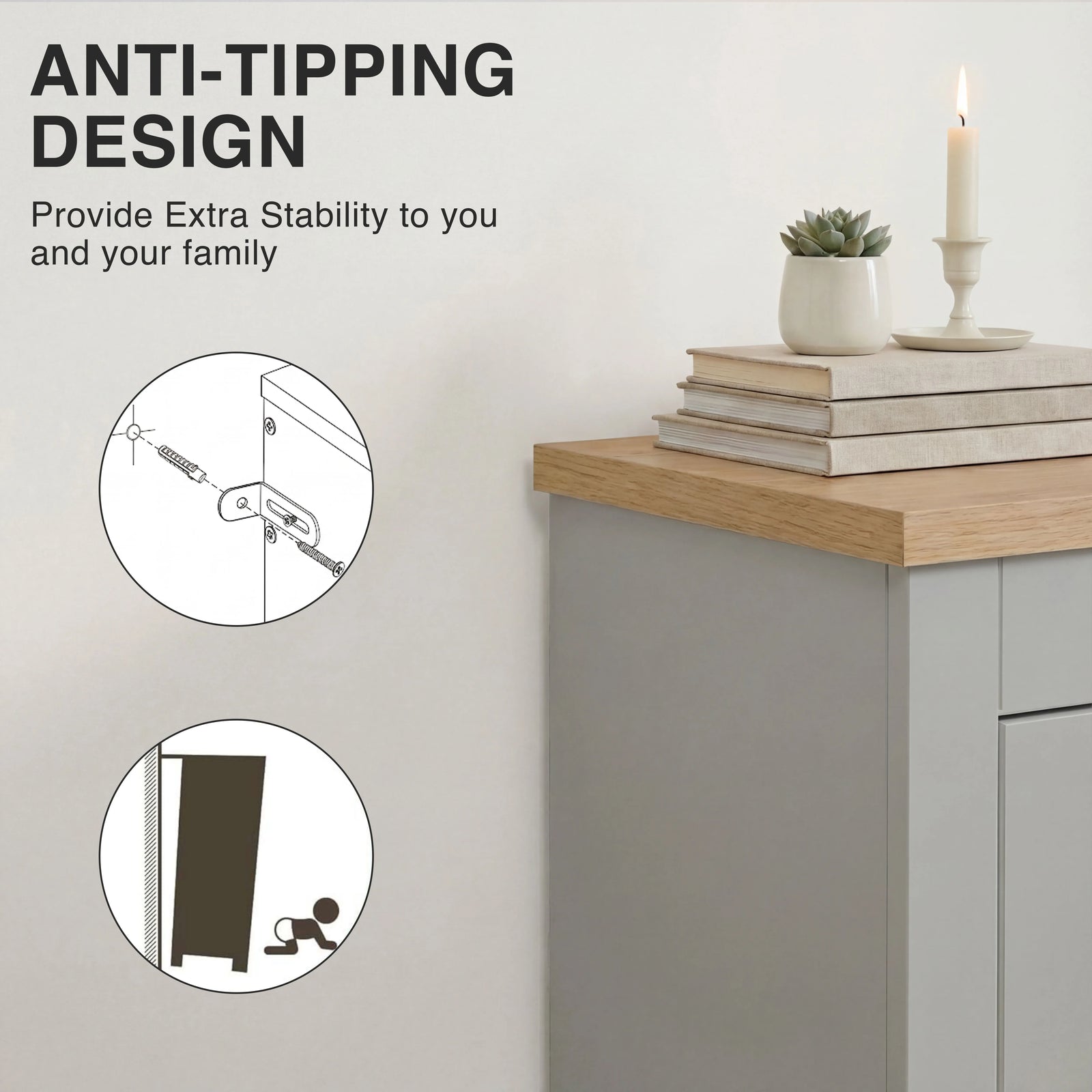 [Grey] Anti-tipping wall anchor design with bracket and strap detail for family safety