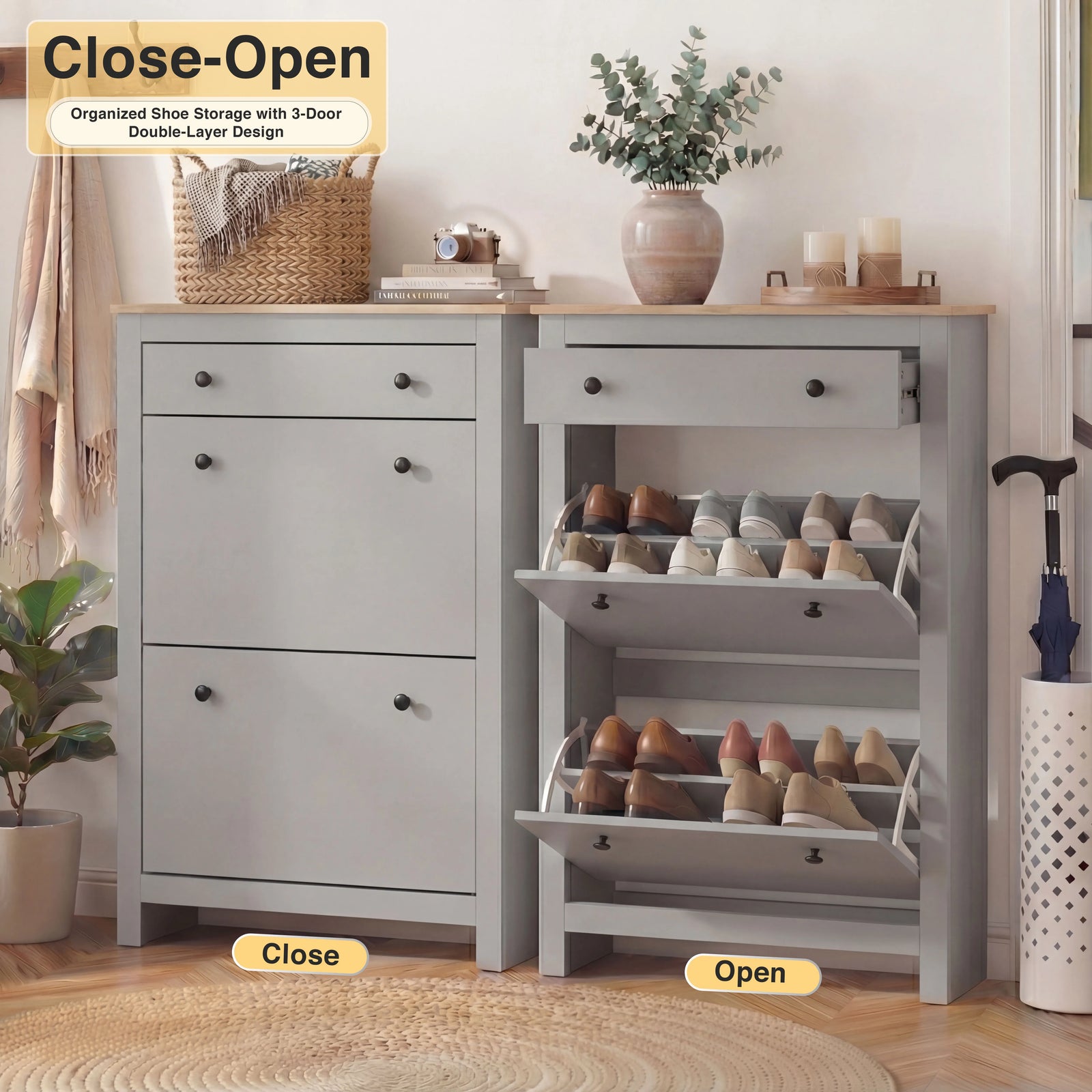 [Grey] Closed vs open demonstration of 2 door shoe cabinet highlighting hidden shoe rack capacity