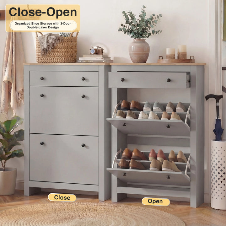 [Grey] Closed vs open demonstration of 2 door shoe cabinet highlighting hidden shoe rack capacity