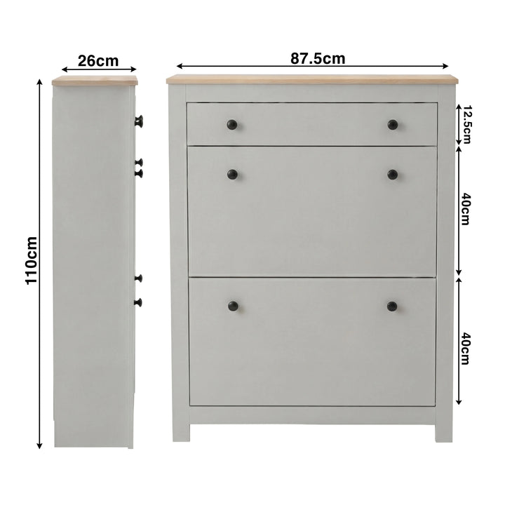 [Grey] Technical size diagram of shoe cabinet measuring 87.5cm wide 110cm tall and 26cm deep