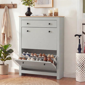 [Grey] Slim hallway shoe cabinet with bottom flip-down door open showing shoes organised on angled racks