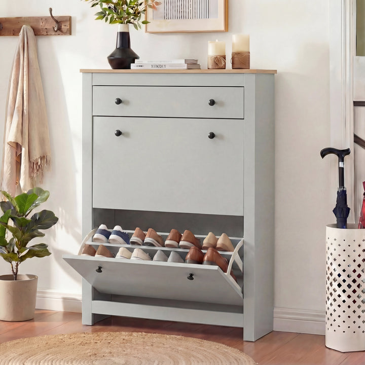 [Grey] Slim hallway shoe cabinet with bottom flip-down door open showing shoes organised on angled racks