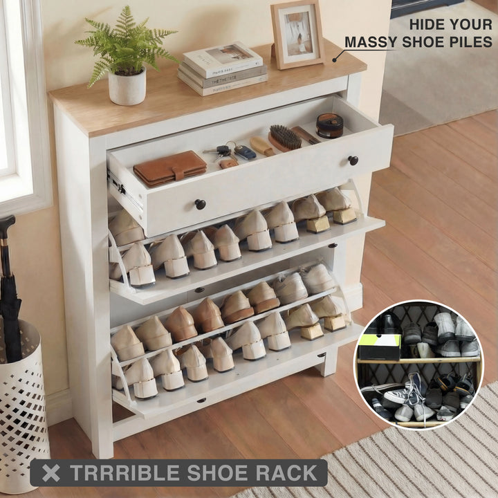[White] All compartments open showing top drawer with everyday accessories and both flip-down doors filled with shoes