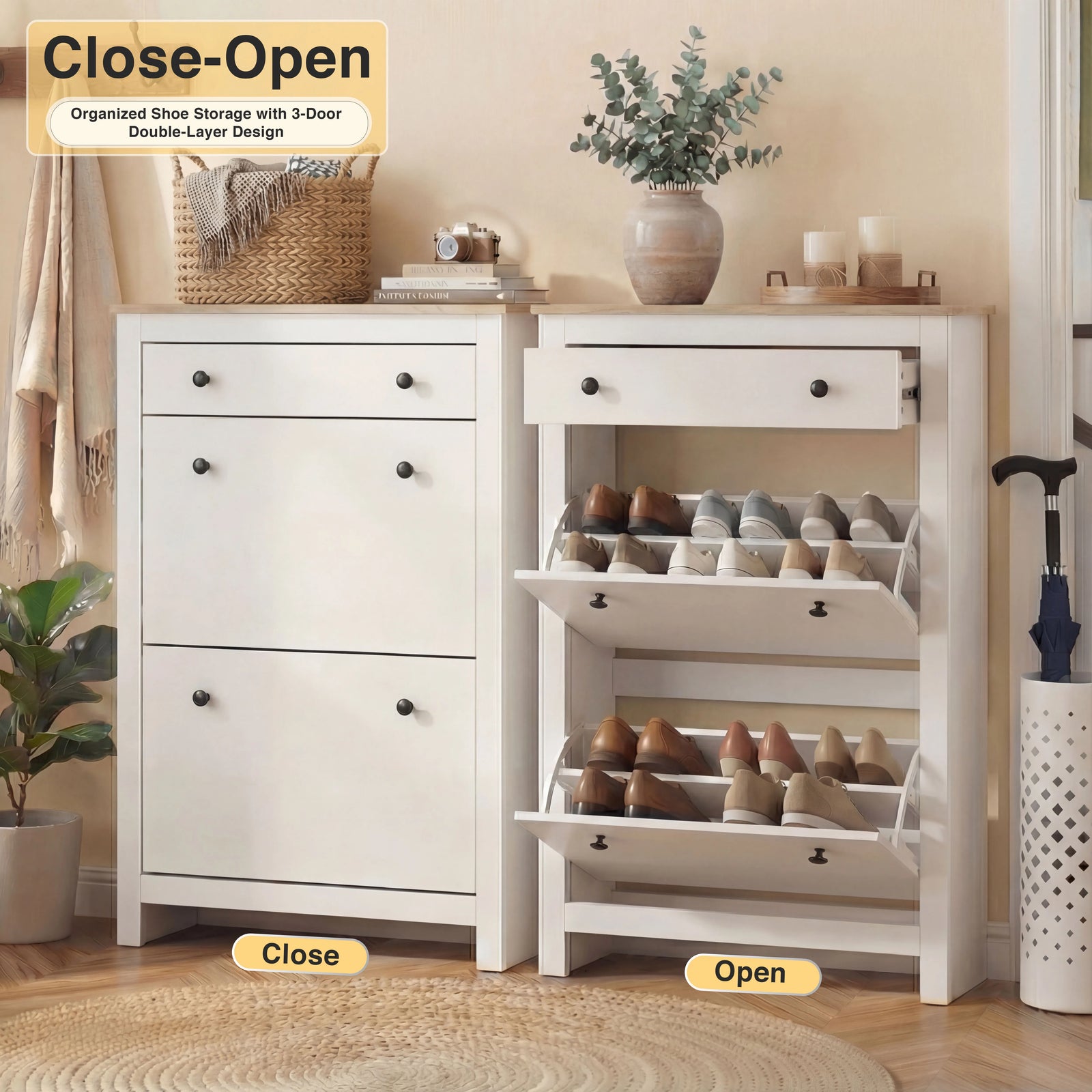 [White] Before and after style comparison showing shoe cabinet doors closed vs open with organised shoe storage