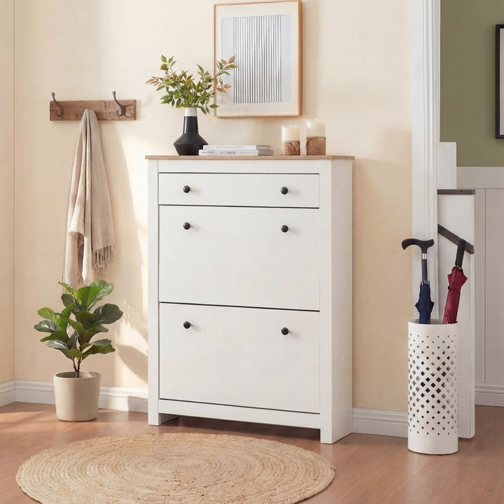 [White] Front view of shoe cabinet with all doors closed in styled hallway with coat hooks and jute rug