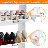 [White] Slim white shoe cabinet panel callout marks two adjustable rack positions, flats above and heels below
