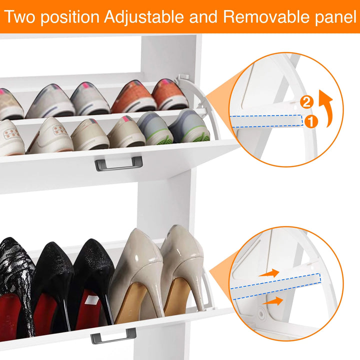 [White] Slim white shoe cabinet panel callout marks two adjustable rack positions, flats above and heels below