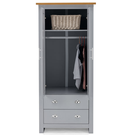 Grey 2-door wardrobe bedroom set with matching drawers and bedside table.