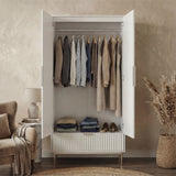 2 door open white wardrobe with clothes neatly stored on a hanging rail placed in a modern room