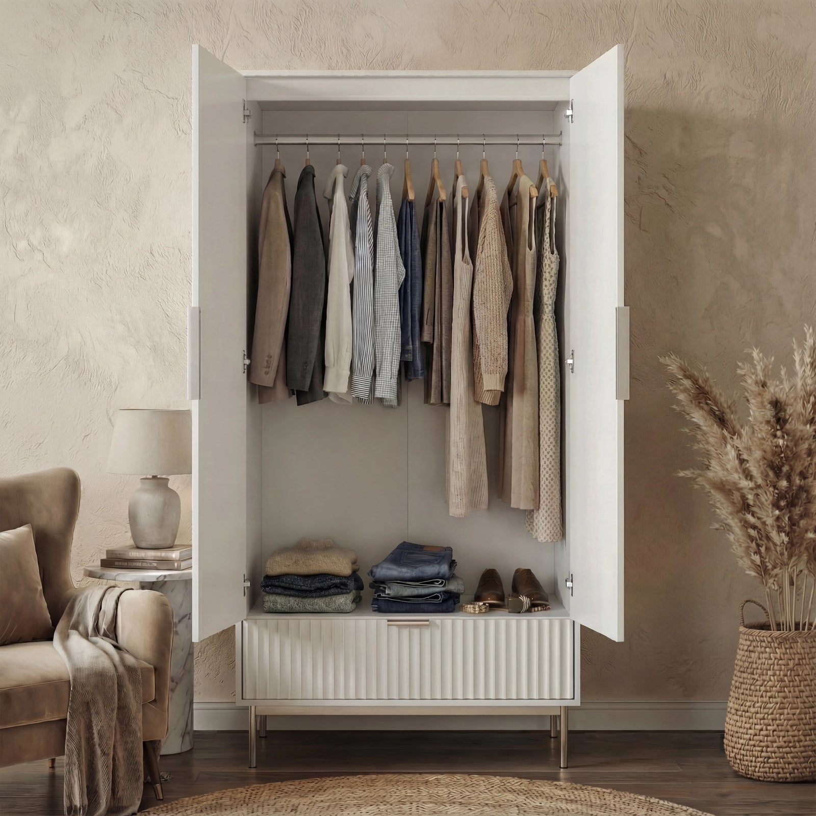 [White] flutrina white 2 door wardrobe shown open with garments on the hanging rail and lower drawer pulled out