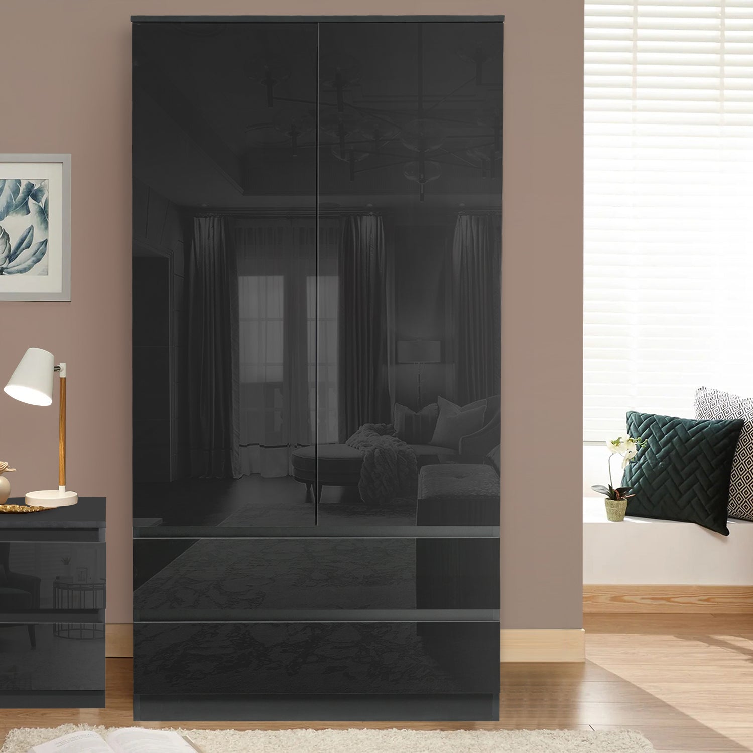 2-door wardrobe with drawers, sleek black finish, compact and functional design