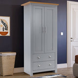 2-door wardrobe with wooden top, silver handles, and spacious drawers for modern bedroom storage.