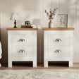 [White] Pair of white bedside table pair on rug, oak tops, cup handles, lamp and books left, vase and frame right