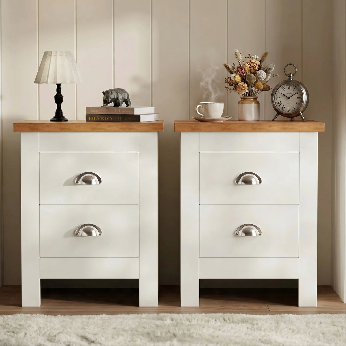 Pair 2 Drawer Bedside Tables Shaker Style Nightstands