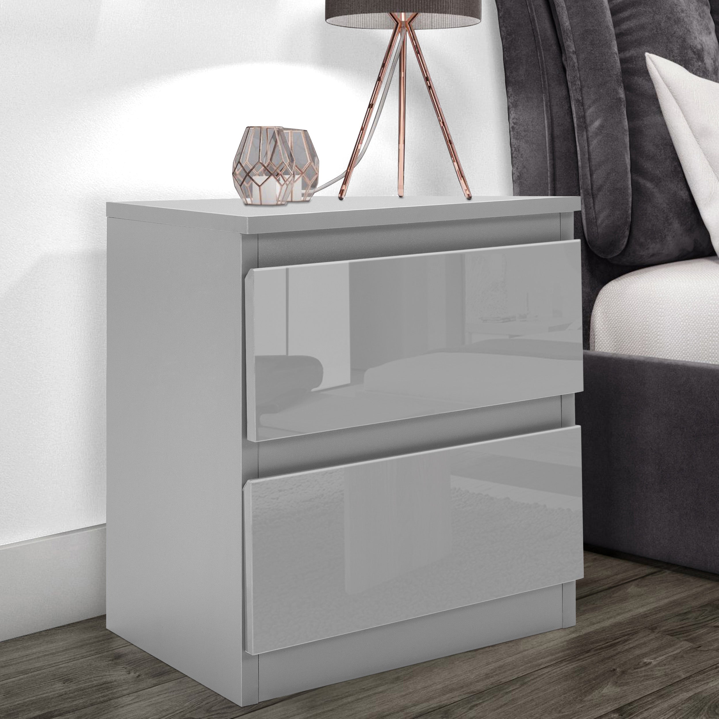 2 drawer bedside table in grey, compact yet functional with a stylish, modern design.