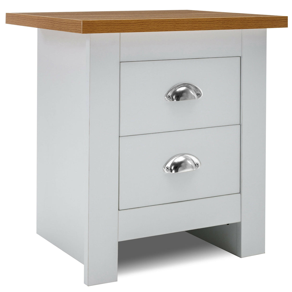 White 2-drawer bedside table with oak top and silver handles.