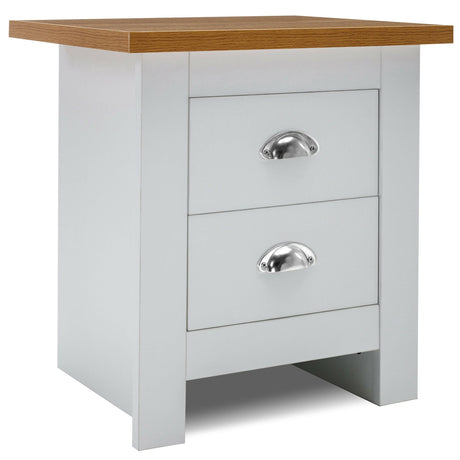 2-drawer bedside table with oak top, perfect for books and a lamp, stylish and functional.