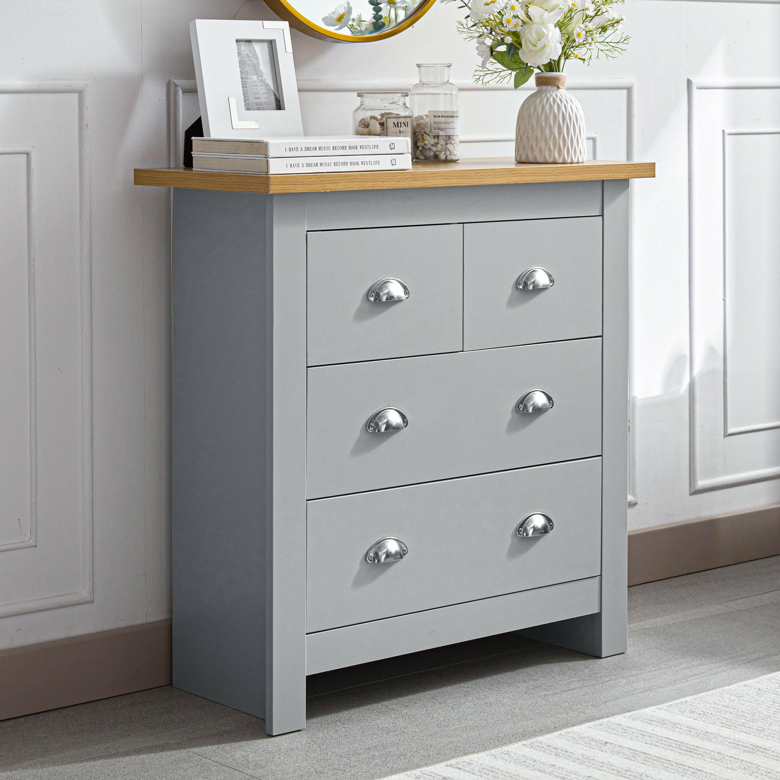 Grey 2 drawer chest of drawers with oak top, modern and practical bedroom furniture.