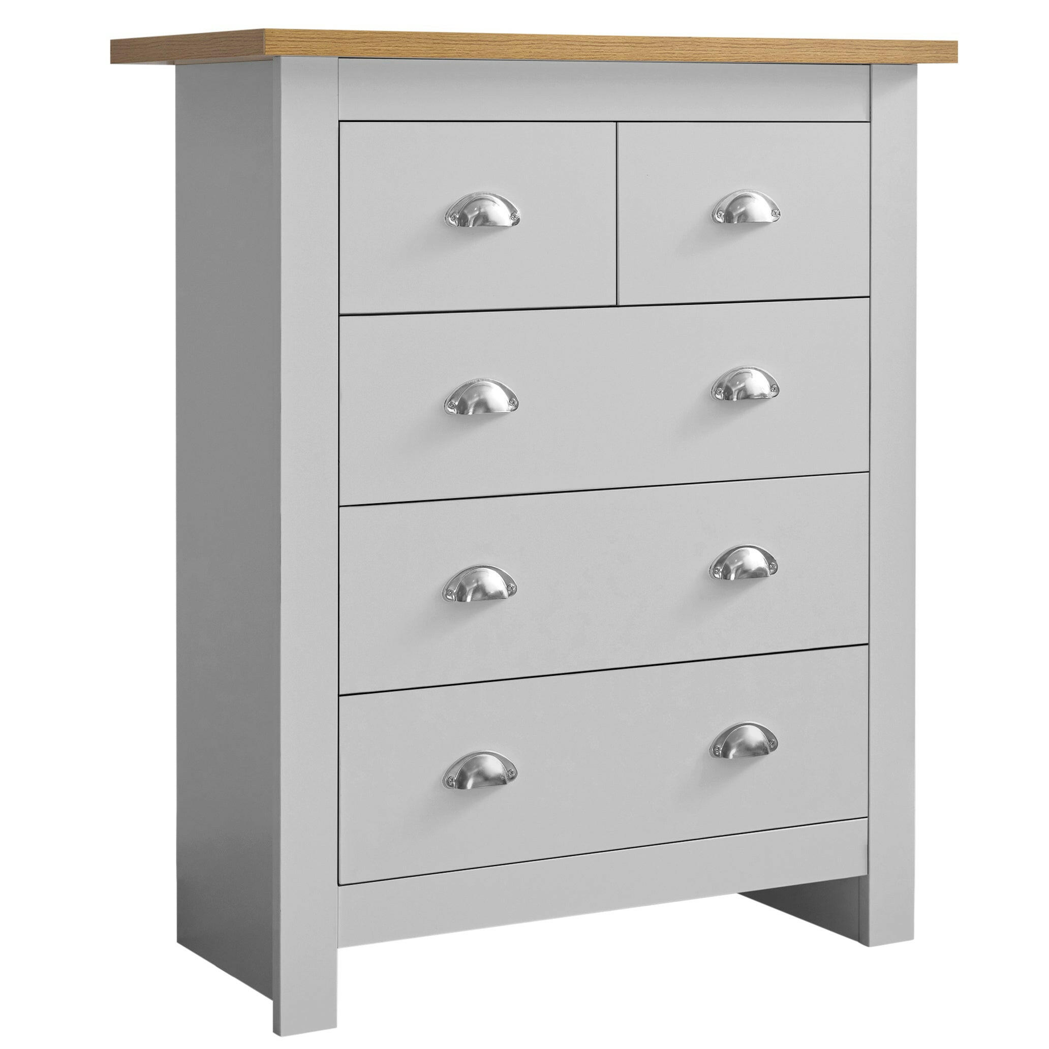 Grey 2 drawer chest of drawers with oak top, sleek and functional bedroom storage furniture.