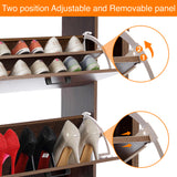 Hallway shoe storage unit in walnut with pull-down drawers open, showing two separator settings for taller shoes.