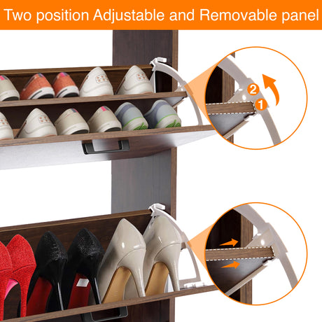 Hallway shoe storage unit in walnut with pull-down drawers open, showing two separator settings for taller shoes.