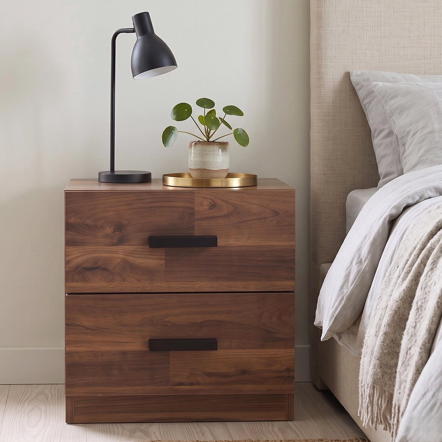 [Dark Bronx] 2 drawer bedside table with wood grain finish and black handles in modern bedroom setting