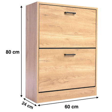 Dimensions of slim 2 door shoe cabinet in pine: width 60 cm, depth 24 cm, and height 80 cm.