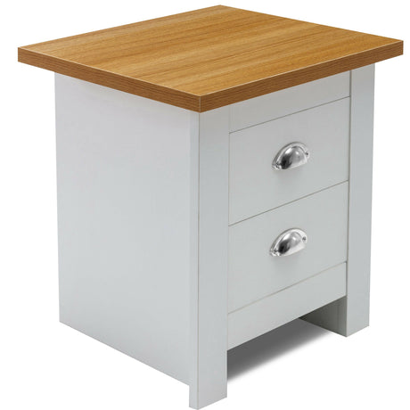 2 drawer white bedside table with top surface for books and lamp, stylish and functional.