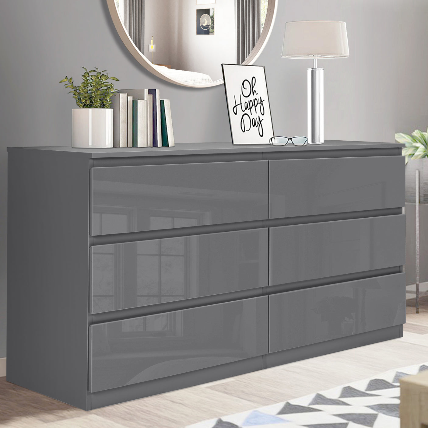 High Gloss Large 6 Drawer Chest of Drawers - Bedroom Dresser