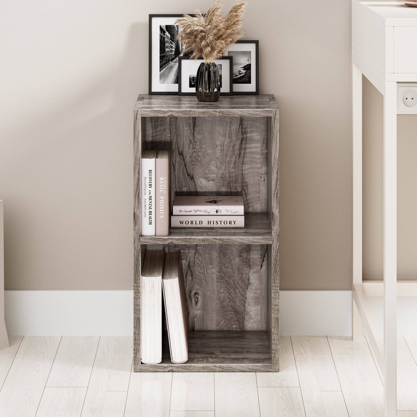 Rustic wood Blisswood 2 shelf bookcase styled in a home office, ideal for books and decor.