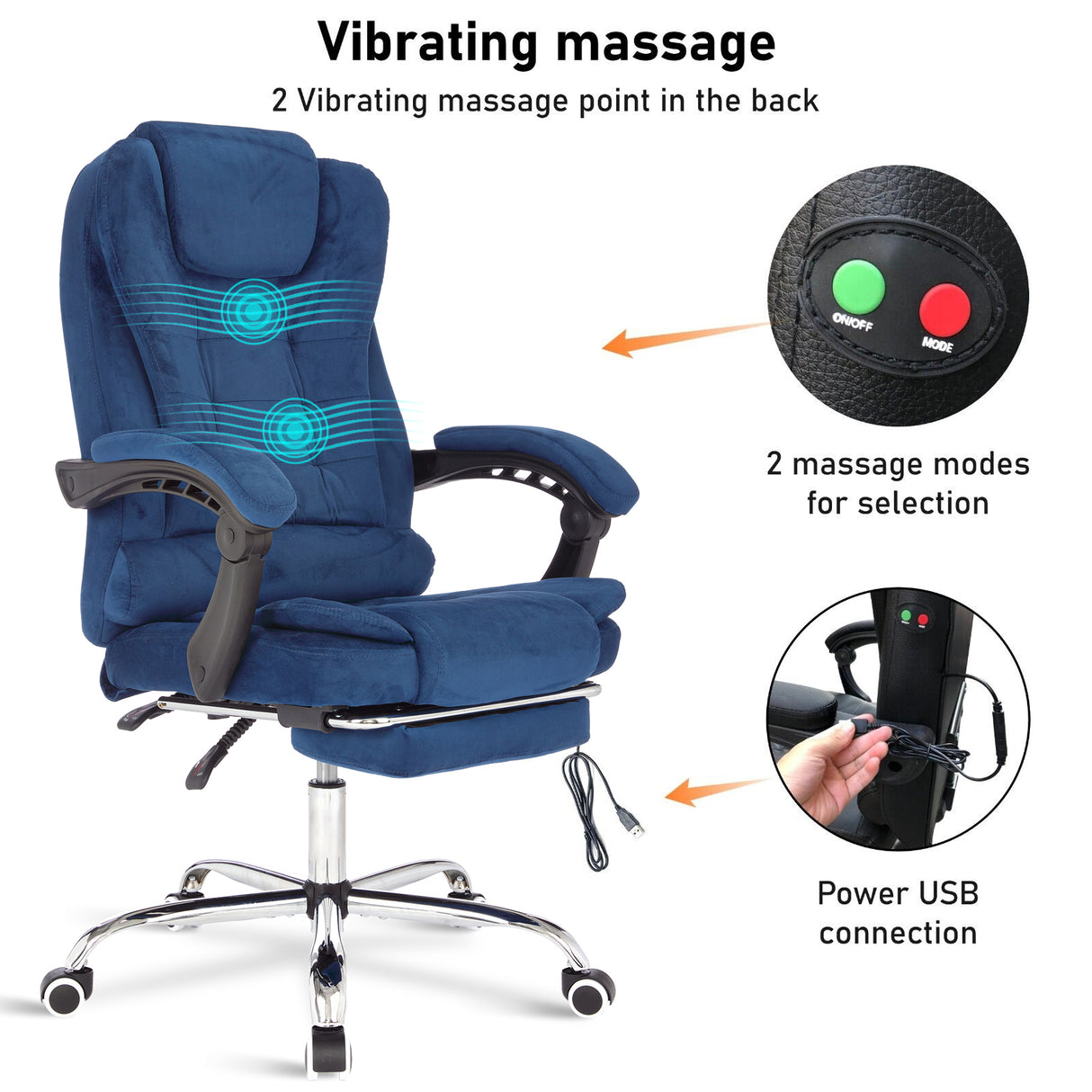 Chair with 2 vibrating massage points and 2 massage modes for customizable relaxation.