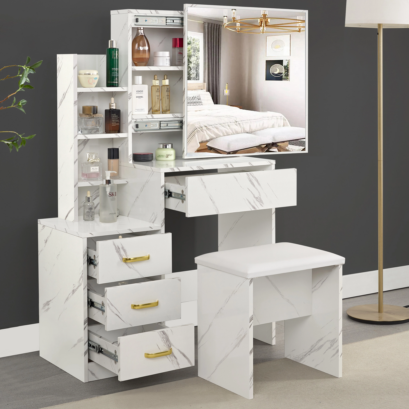 Dressing Table with Storage, Drawers and Mirror - Vanity Makeup Table