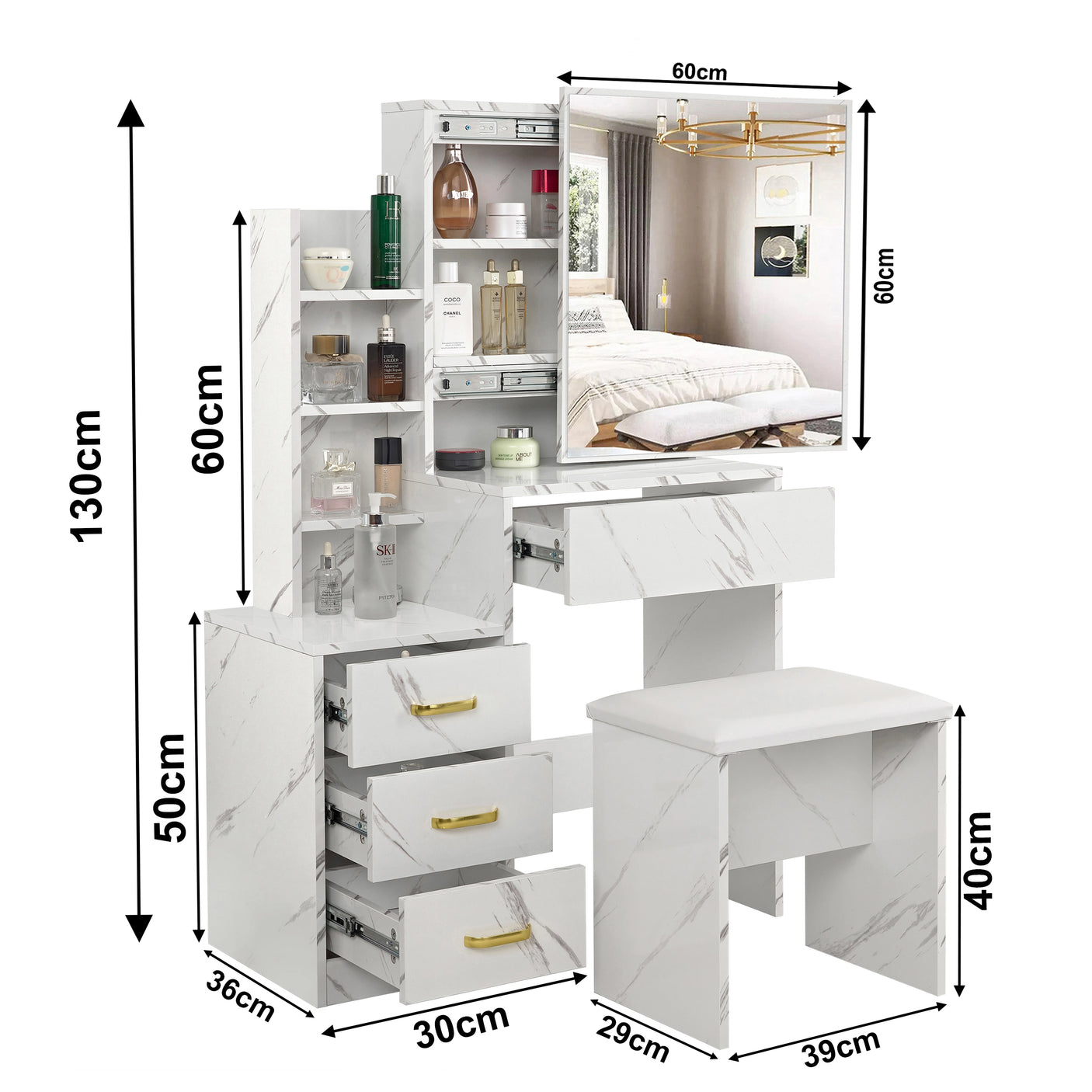 Dressing Table with Storage, Drawers and Mirror - Vanity Makeup Table