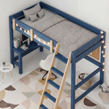 Bunk Bed With Desk - High Sleeper Loft Bed Frame For Kids in blue wood finish with ladder, safety rails, and under-bed study desk setup. Ideal space-saving furniture for children's bedrooms.