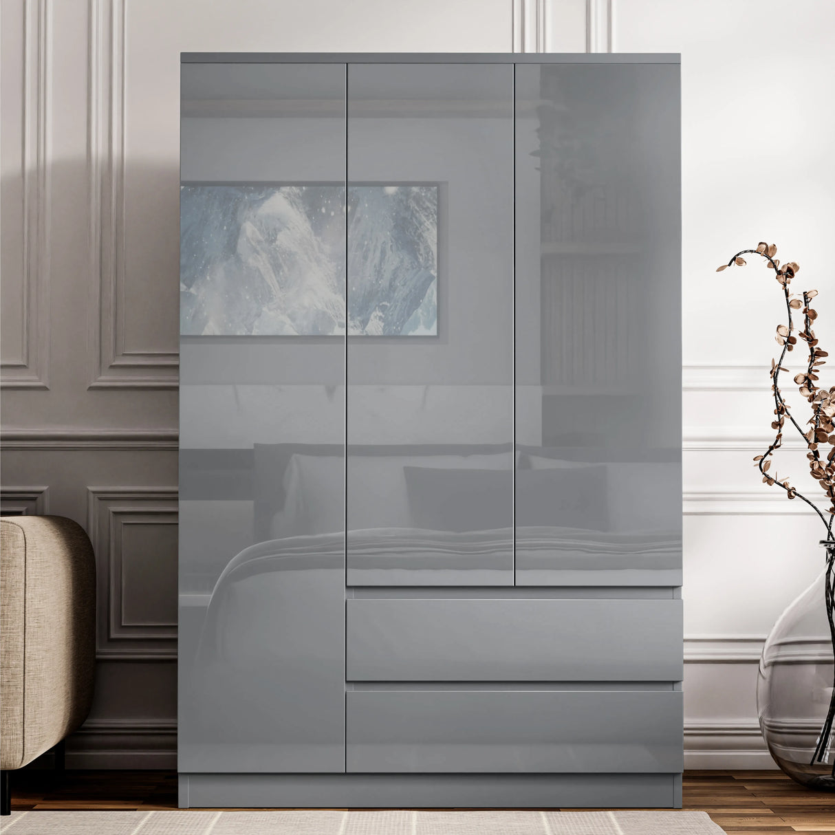 Triple grey wardrobe in high gloss finish with two drawers and three doors, offering sleek storage for stylish interiors.