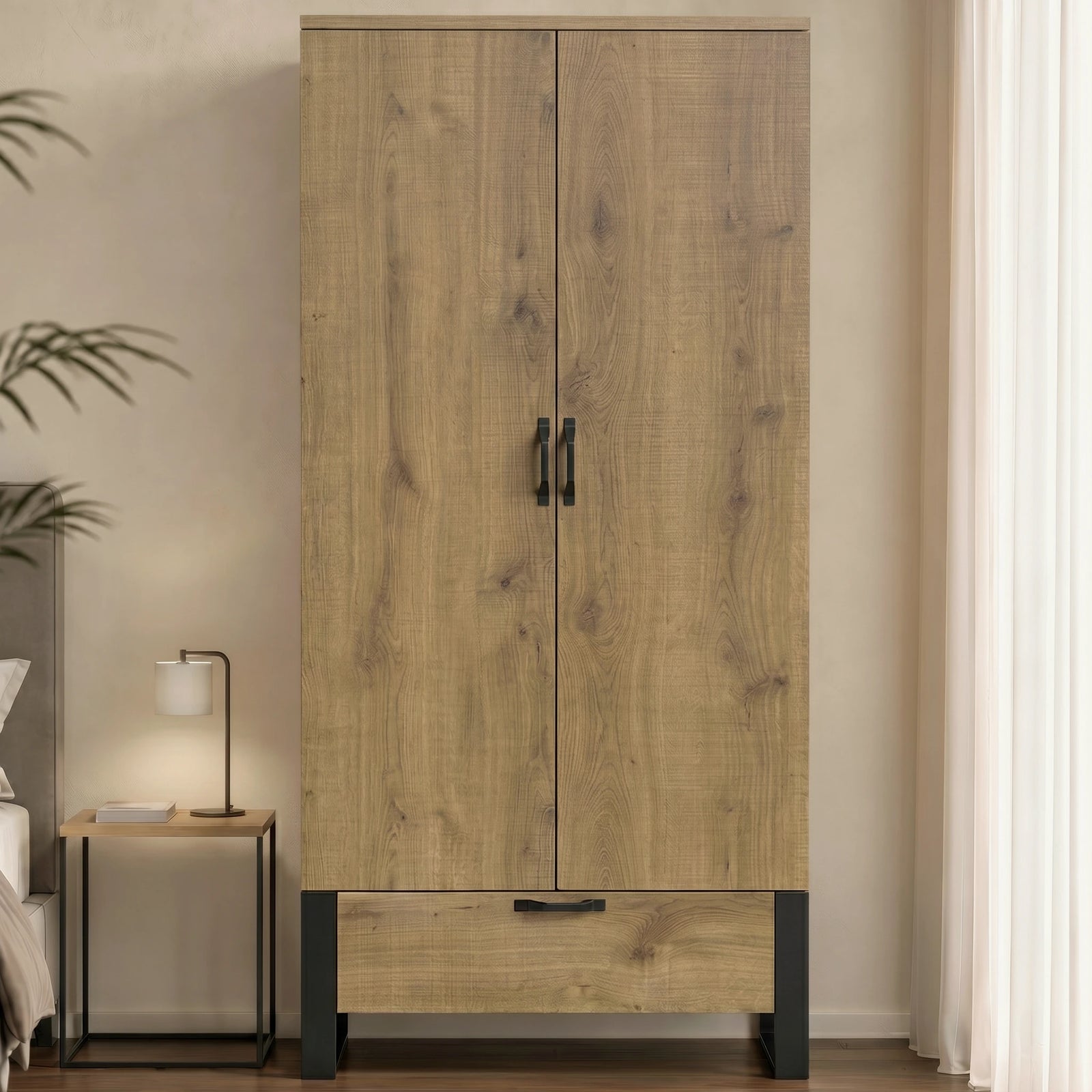 Industrial 2 Door Wardrobe with Drawer Oak Finish