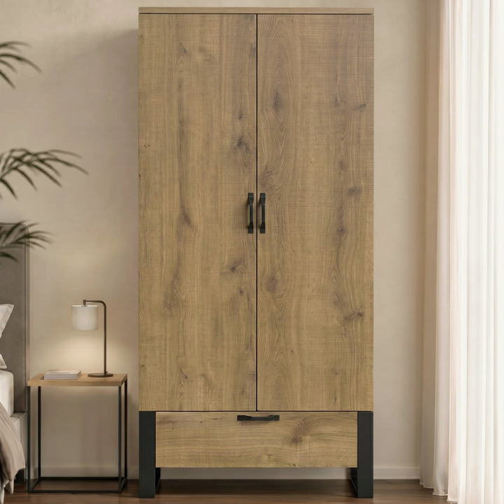 Industrial 2 Door Wardrobe with Drawer Oak Finish
