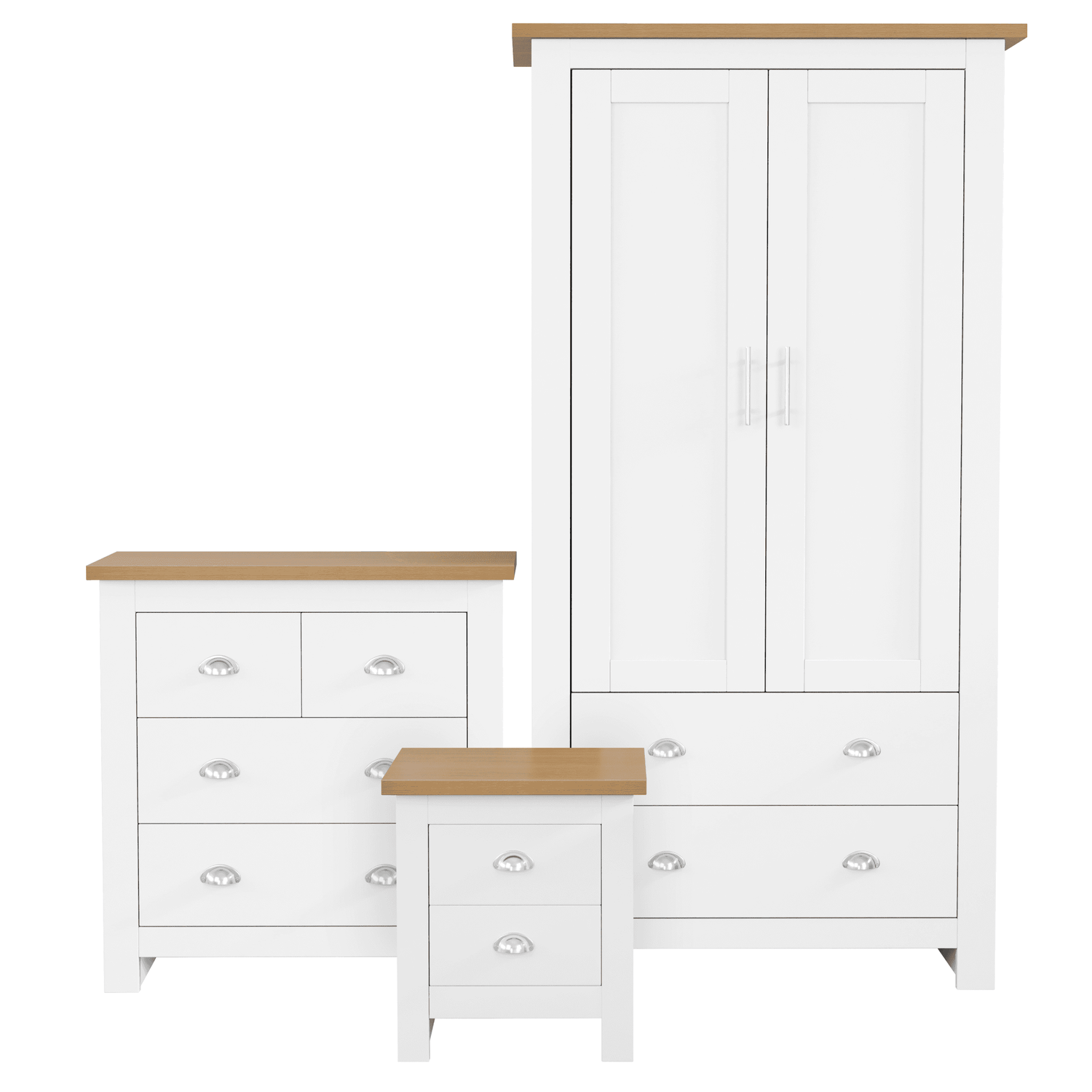 Shaker 3 Piece Bedroom Set with 2 door wardrobe, 4 drawer chest, and 2 drawer bedside table in white with oak tops. Ideal for compact bedroom storage.
