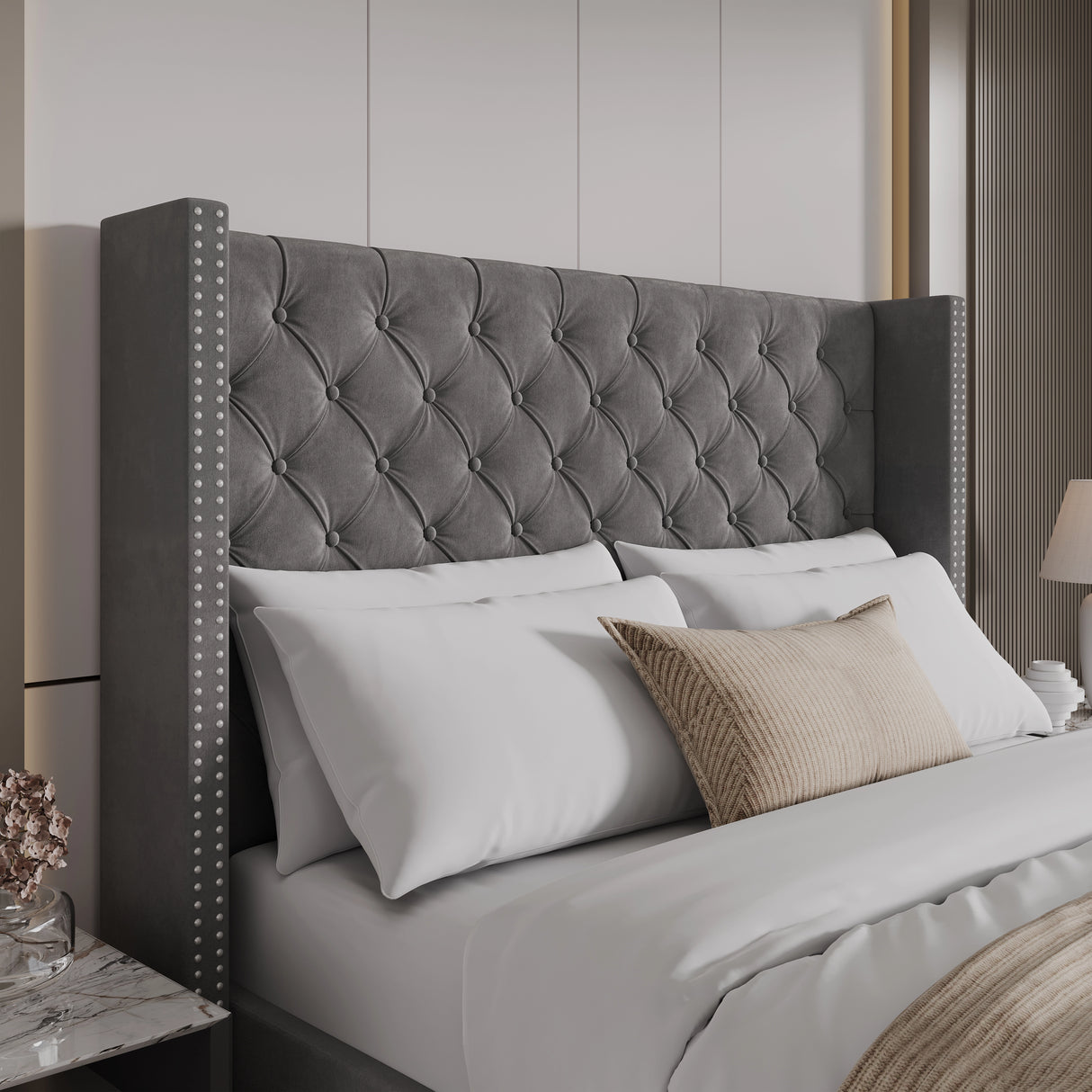 Cross Pattern Velvet Ottoman Storage Bed - Winged Bed Frame