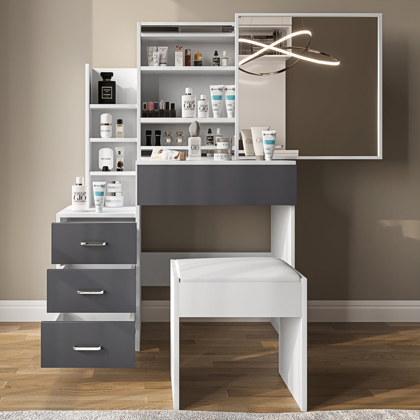 White and grey vanity makeup table with mirror and stool. Features drawers and shelves for organized bedroom beauty storage.