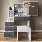 White and grey vanity makeup table with mirror and stool. Features drawers and shelves for organized bedroom beauty storage.
