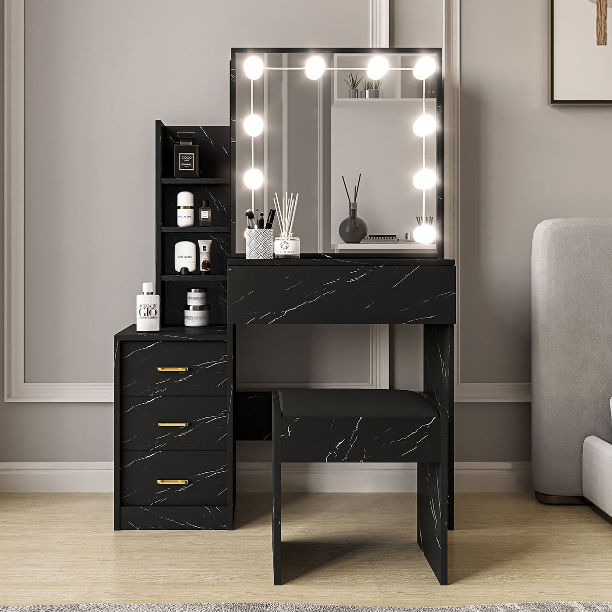 Dressing Table with Mirror and Lights, Drawers - Vanity Makeup Table